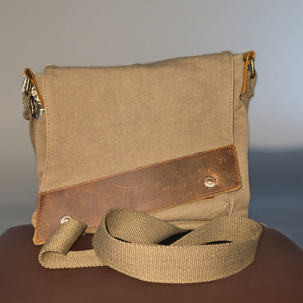 Khaki Canvas Messenger Bag with Brown Trim